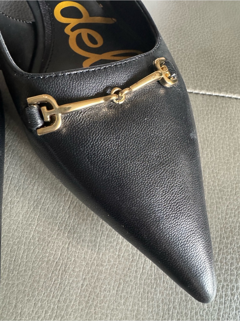 Sam Edelman Black Leather Pointed-Toe Slingback Heels with Gold Accent - Picture 3 of 8